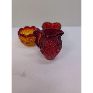 Vtg LE Smith Amberina Glass Heritage Sunburst Mini Creamer & Sugar Toothpick